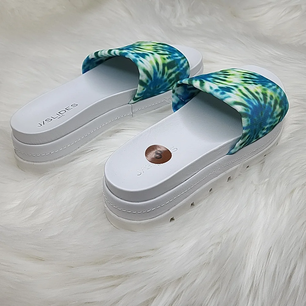J/SLIDES NYC Brit Slide Sandal Slip On Platforms Blue Green Tie Dye